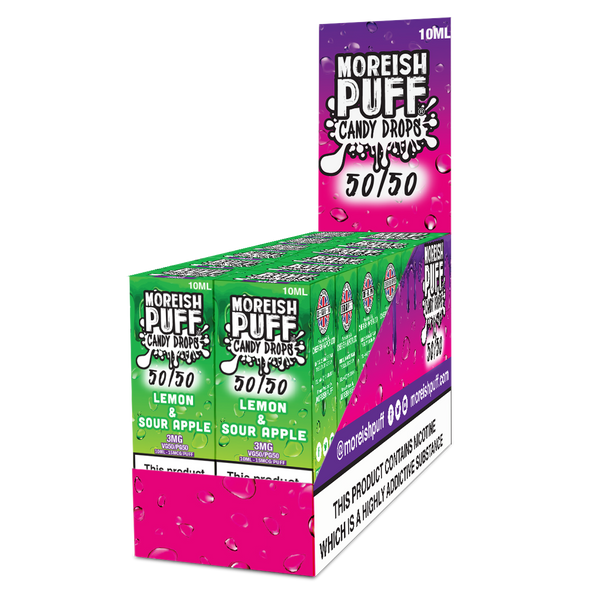 Moreish Puff Candy Drops 50/50: Lemon & Sour Apple Candy Drops 10ml E-Liquid Pack of 12