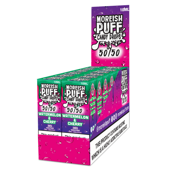 Moreish Puff Candy Drops 50/50: Watermelon & Cherry Candy Drops 10ml E-Liquid Pack of 12